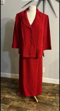 J. Taylor Red Jacquard 2-Piece Skirt Suit Set Size 16